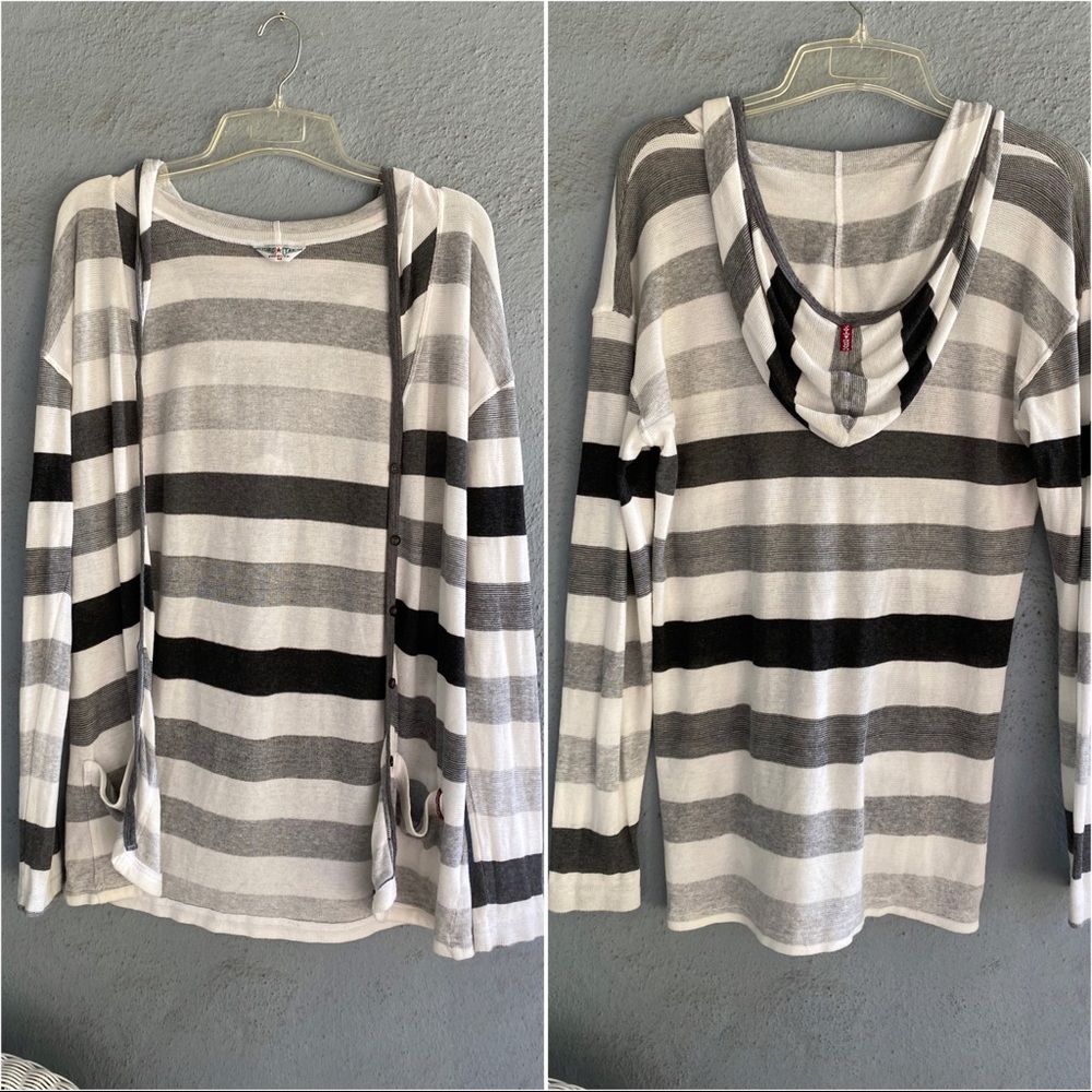 Vintage Y2K Hard Tail Forever Striped Hooded Cardigan Size Medium Grey White EUC